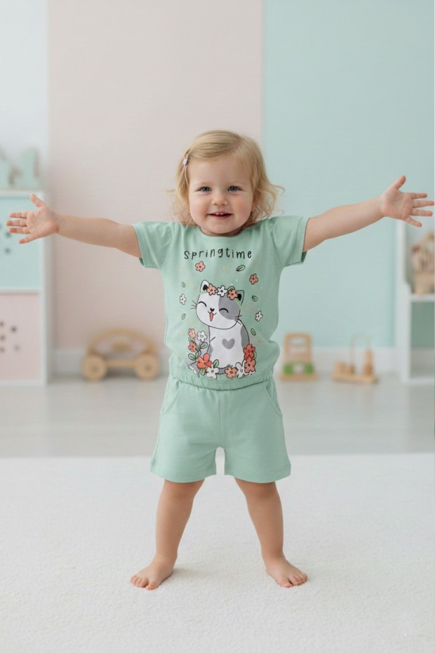 Bebek Sevimli Kedi Ve Çiçek Baskılı Kısa Kollu Tişört Ve Şortlu Yazlık Takım  