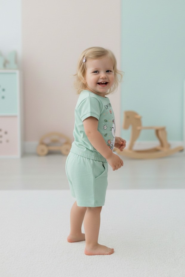 Bebek Sevimli Kedi Ve Çiçek Baskılı Kısa Kollu Tişört Ve Şortlu Yazlık Takım  