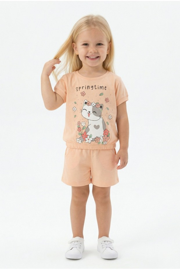 Bebek Sevimli Kedi Ve Çiçek Baskılı Kısa Kollu Tişört Ve Şortlu Yazlık Takım 