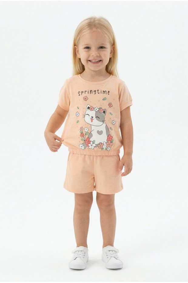 Bebek Sevimli Kedi Ve Çiçek Baskılı Kısa Kollu Tişört Ve Şortlu Yazlık Takım 