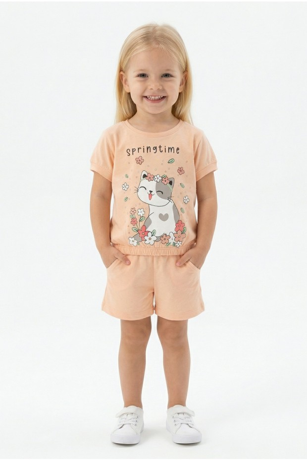 Bebek Sevimli Kedi Ve Çiçek Baskılı Kısa Kollu Tişört Ve Şortlu Yazlık Takım 
