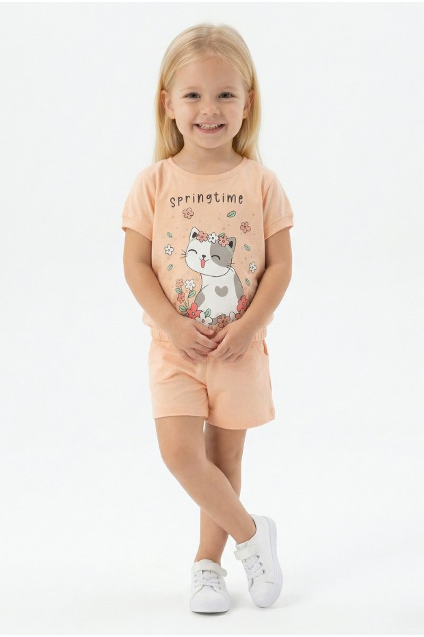 Bebek Sevimli Kedi Ve Çiçek Baskılı Kısa Kollu Tişört Ve Şortlu Yazlık Takım 