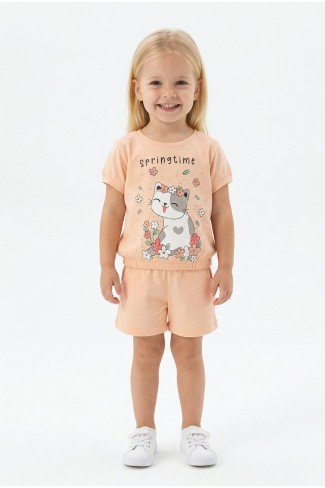 Bebek Sevimli Kedi Ve Çiçek Baskılı Kısa Kollu Tişört Ve Şortlu Yazlık Takım 