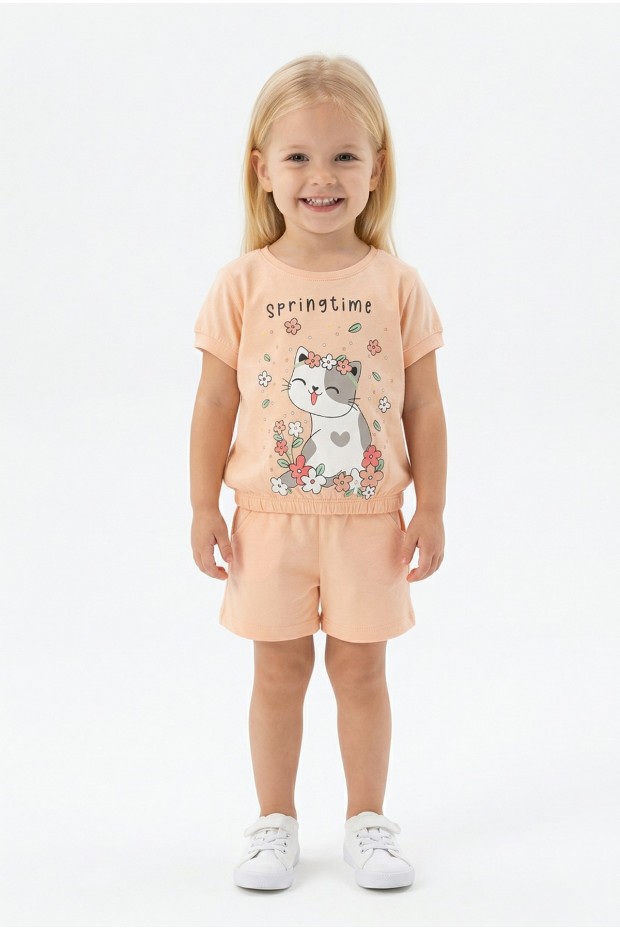 Bebek Sevimli Kedi Ve Çiçek Baskılı Kısa Kollu Tişört Ve Şortlu Yazlık Takım 