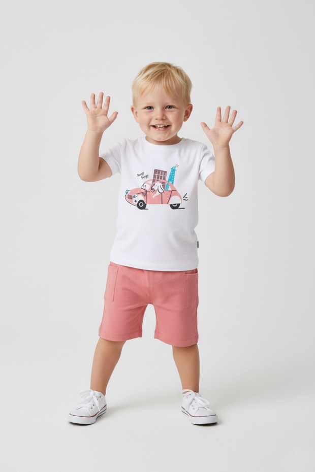 Bebek Sevimli Araba ve Köpek Desenli Kısa Kollu Tişört Ve Şortlu Yazlık Takım