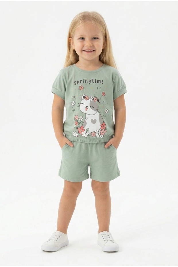 Bebek Sevimli Kedi Ve Çiçek Baskılı Kısa Kollu Tişört Ve Şortlu Yazlık Takım  