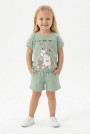 Bebek Sevimli Kedi Ve Çiçek Baskılı Kısa Kollu Tişört Ve Şortlu Yazlık Takım  