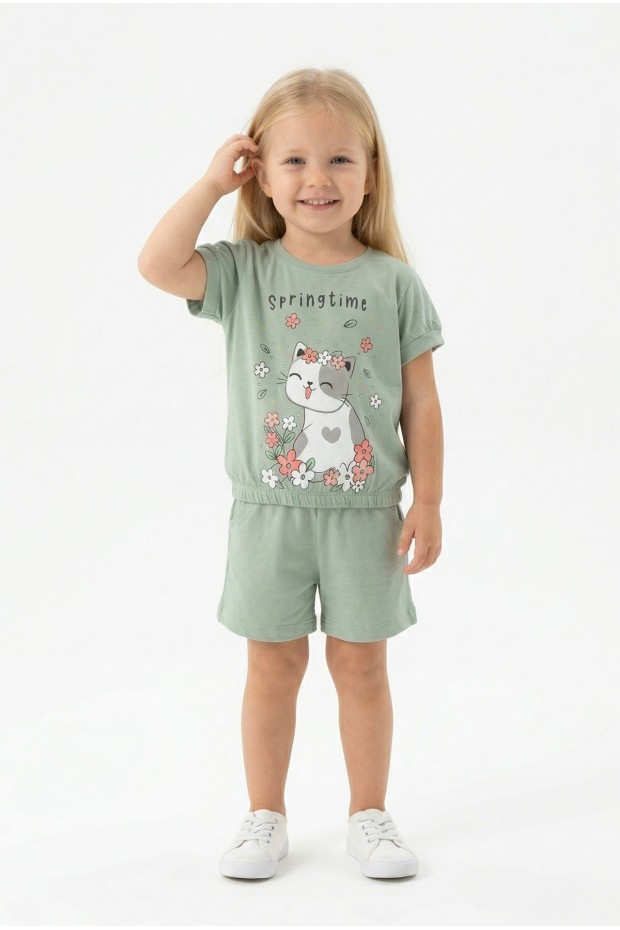 Bebek Sevimli Kedi Ve Çiçek Baskılı Kısa Kollu Tişört Ve Şortlu Yazlık Takım  