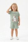 Bebek Sevimli Kedi Ve Çiçek Baskılı Kısa Kollu Tişört Ve Şortlu Yazlık Takım  
