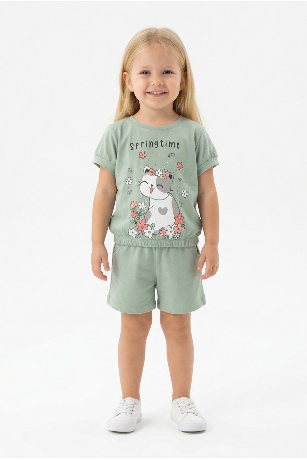 Bebek Sevimli Kedi Ve Çiçek Baskılı Kısa Kollu Tişört Ve Şortlu Yazlık Takım  
