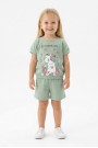 Bebek Sevimli Kedi Ve Çiçek Baskılı Kısa Kollu Tişört Ve Şortlu Yazlık Takım  