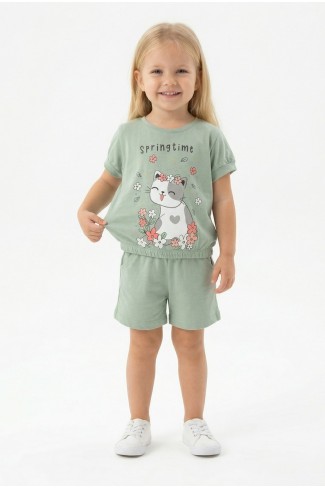 Bebek Sevimli Kedi Ve Çiçek Baskılı Kısa Kollu Tişört Ve Şortlu Yazlık Takım  