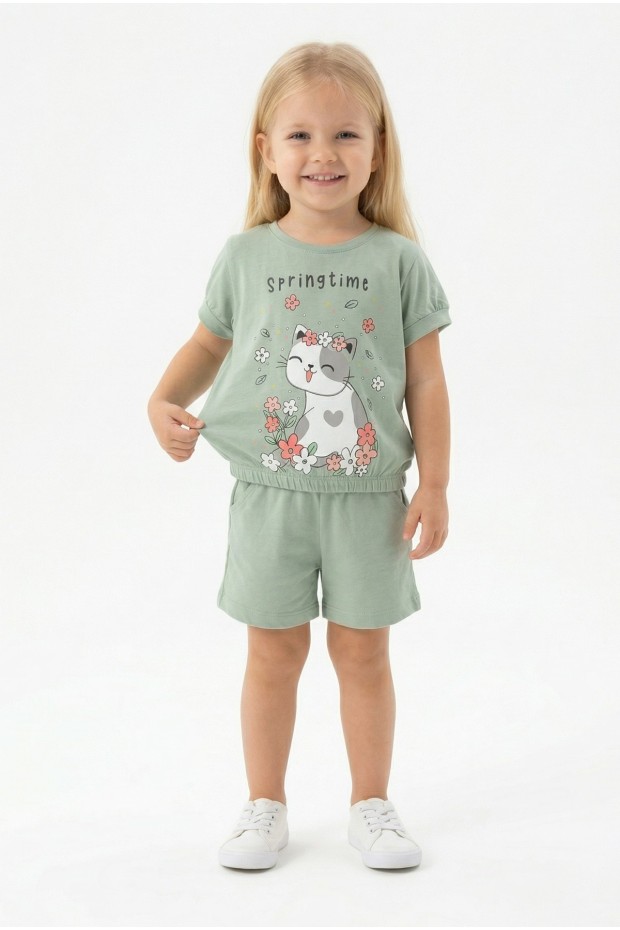 Bebek Sevimli Kedi Ve Çiçek Baskılı Kısa Kollu Tişört Ve Şortlu Yazlık Takım  