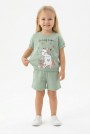 Bebek Sevimli Kedi Ve Çiçek Baskılı Kısa Kollu Tişört Ve Şortlu Yazlık Takım  