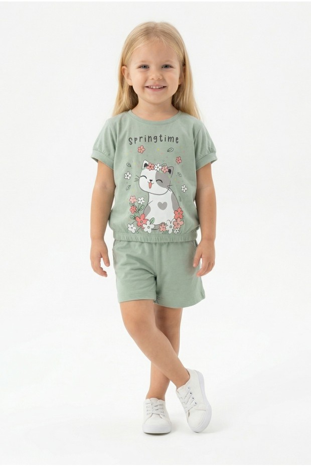 Bebek Sevimli Kedi Ve Çiçek Baskılı Kısa Kollu Tişört Ve Şortlu Yazlık Takım  