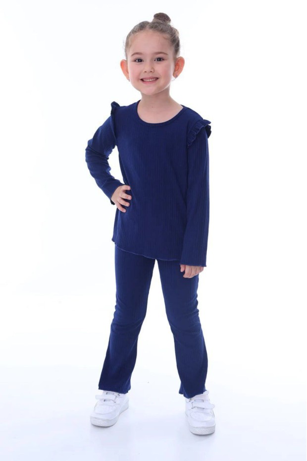 Kız Çocuk Omuz Fırfırlı Fitilli Kumaş Uzun Kollu Tişört Ve İspanyol Paça Pantolon Takım 