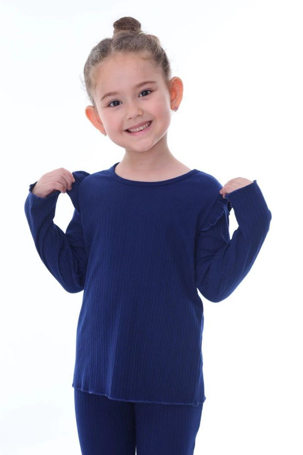 Kız Çocuk Omuz Fırfırlı Fitilli Kumaş Uzun Kollu Tişört Ve İspanyol Paça Pantolon Takım 