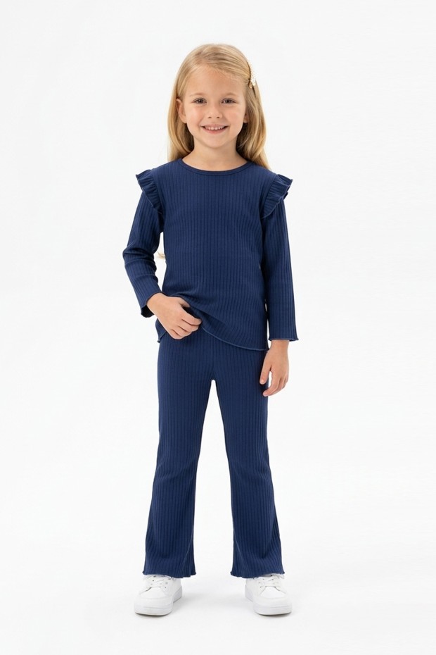 Kız Çocuk Omuz Fırfırlı Fitilli Kumaş Uzun Kollu Tişört Ve İspanyol Paça Pantolon Takım