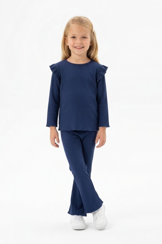 Kız Çocuk Omuz Fırfırlı Fitilli Kumaş Uzun Kollu Tişört Ve İspanyol Paça Pantolon Takım