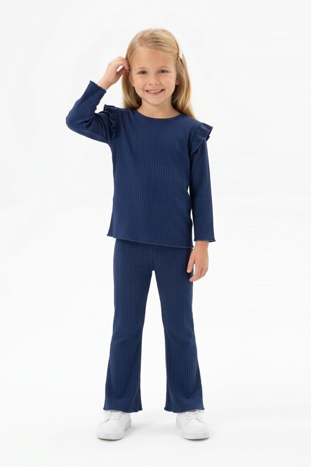 Kız Çocuk Omuz Fırfırlı Fitilli Kumaş Uzun Kollu Tişört Ve İspanyol Paça Pantolon Takım