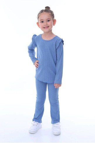 Kız Çocuk Omuz Fırfırlı Fitilli Kumaş Uzun Kollu Tişört Ve İspanyol Paça Pantolon Takım 