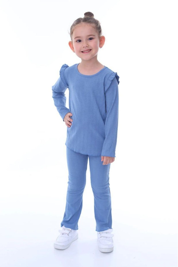 Kız Çocuk Omuz Fırfırlı Fitilli Kumaş Uzun Kollu Tişört Ve İspanyol Paça Pantolon Takım 