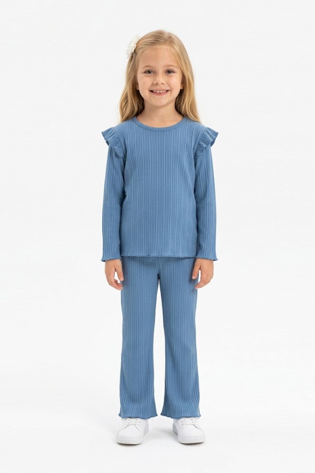 Kız Çocuk Omuz Fırfırlı Fitilli Kumaş Uzun Kollu Tişört Ve İspanyol Paça Pantolon Takım 