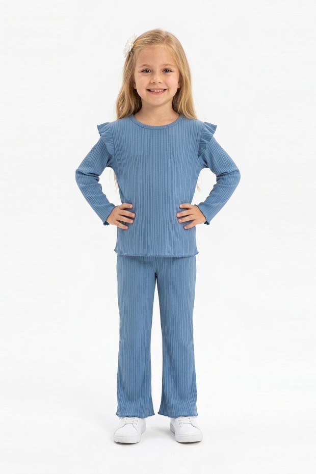 Kız Çocuk Omuz Fırfırlı Fitilli Kumaş Uzun Kollu Tişört Ve İspanyol Paça Pantolon Takım 