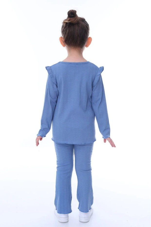 Kız Çocuk Omuz Fırfırlı Fitilli Kumaş Uzun Kollu Tişört Ve İspanyol Paça Pantolon Takım 