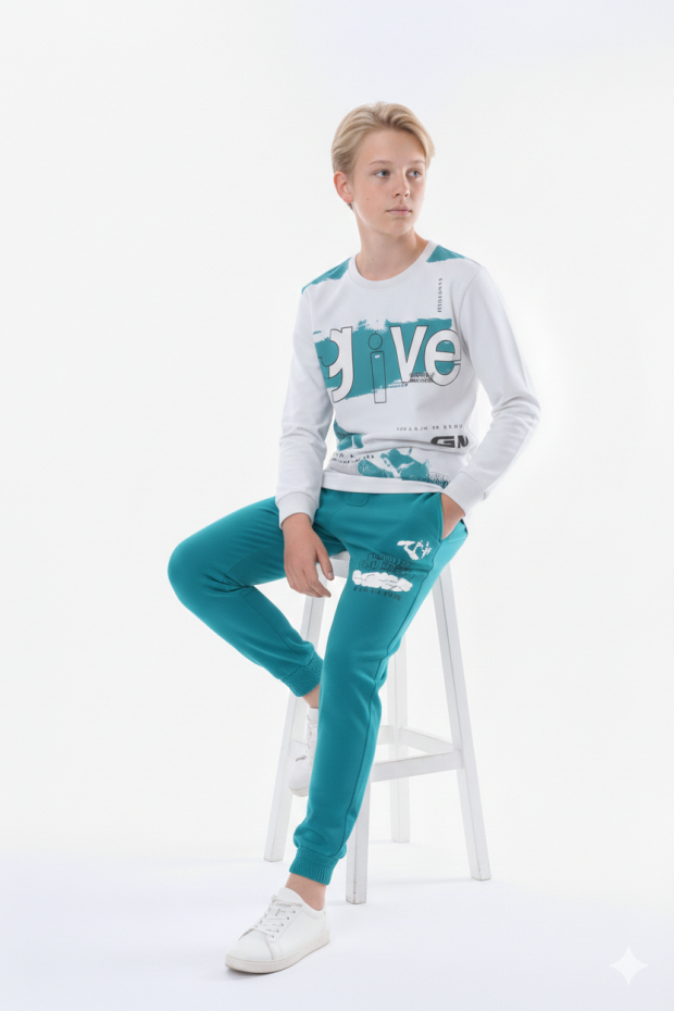 Erkek Çocuk Give Baskılı %100 Pamuk Süprem Kumaş Uzun Kollu Takım