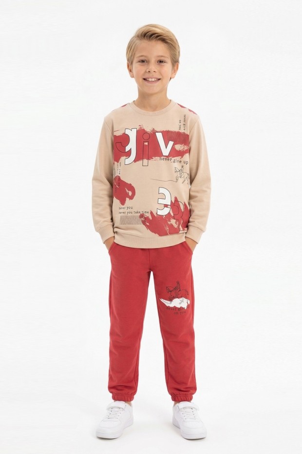 Erkek Çocuk Give Baskılı %100 Pamuk Süprem Kumaş Uzun Kollu Takım