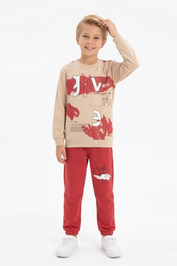 Erkek Çocuk Give Baskılı %100 Pamuk Süprem Kumaş Uzun Kollu Takım