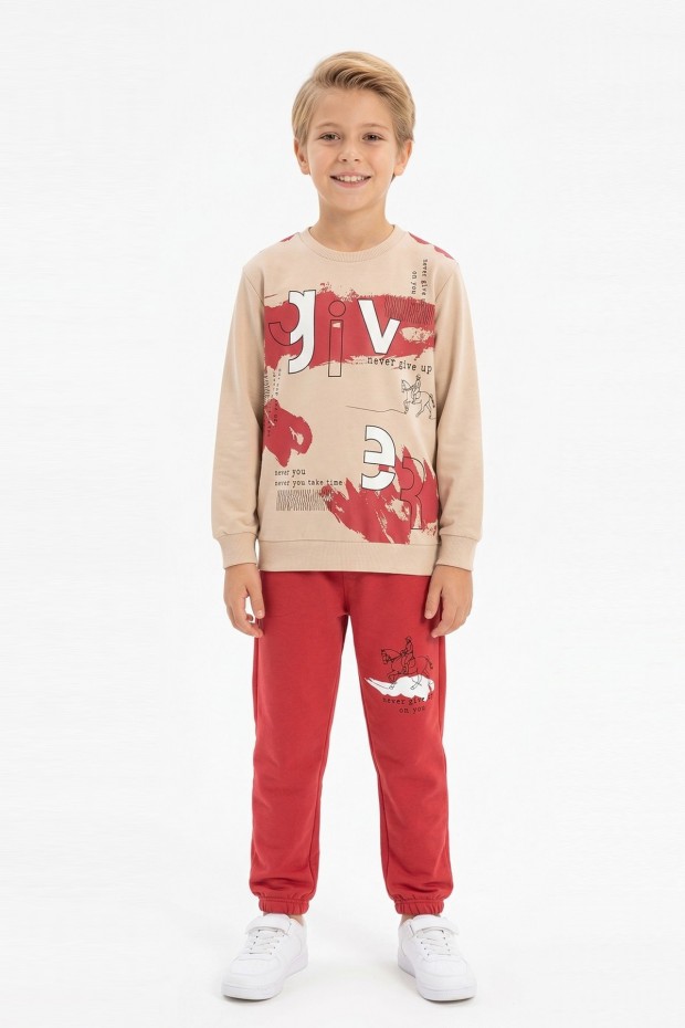 Erkek Çocuk Give Baskılı %100 Pamuk Süprem Kumaş Uzun Kollu Takım