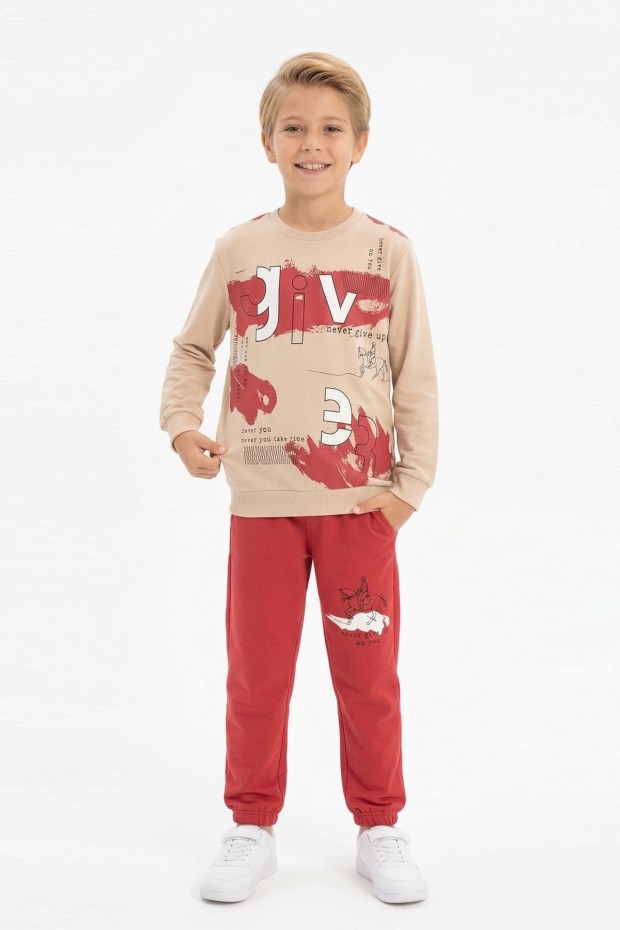 Erkek Çocuk Give Baskılı %100 Pamuk Süprem Kumaş Uzun Kollu Takım