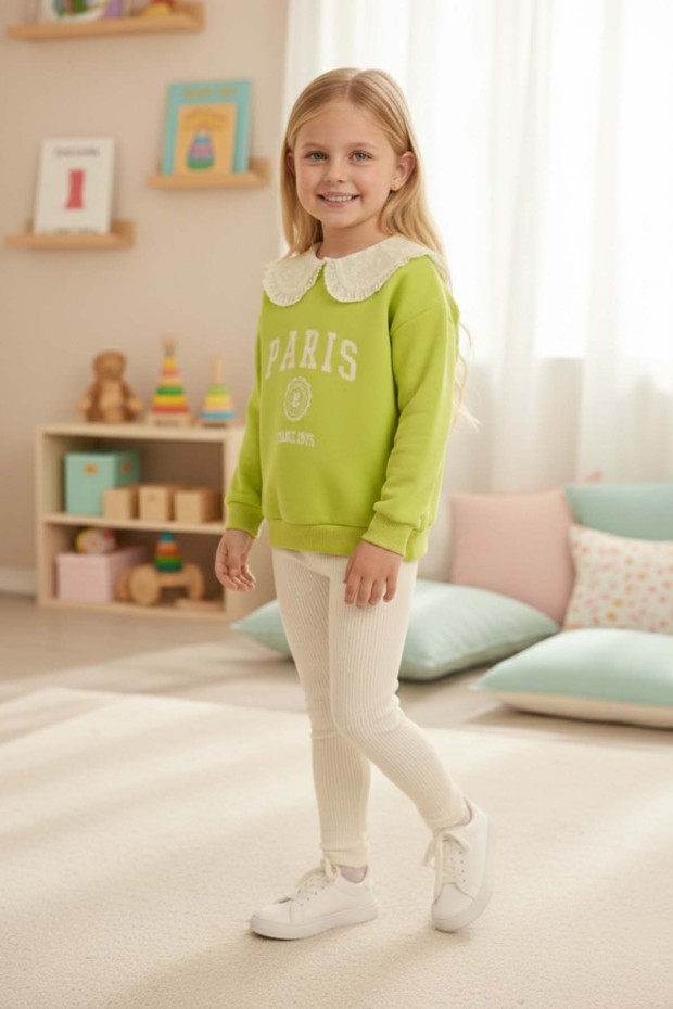 Kız Çocuk Fıstık Yeşili Paris Baskılı Dantel Yakalı Sweatshirt Fitilli Tayt Takımı 