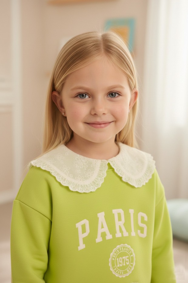 Kız Çocuk Fıstık Yeşili Paris Baskılı Dantel Yakalı Sweatshirt Fitilli Tayt Takımı 