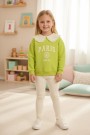 Kız Çocuk Fıstık Yeşili Paris Baskılı Dantel Yakalı Sweatshirt Fitilli Tayt Takımı 