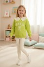 Kız Çocuk Fıstık Yeşili Paris Baskılı Dantel Yakalı Sweatshirt Fitilli Tayt Takımı 
