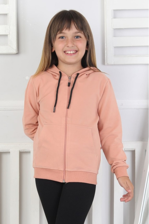 Kız Çocuk Fermuarlı Kapüşonlu Kanguru Cepli Düz Fırçalı İki İplik Sweatshirt