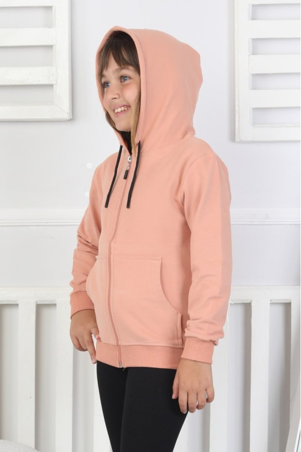 Kız Çocuk Fermuarlı Kapüşonlu Kanguru Cepli Düz Fırçalı İki İplik Sweatshirt