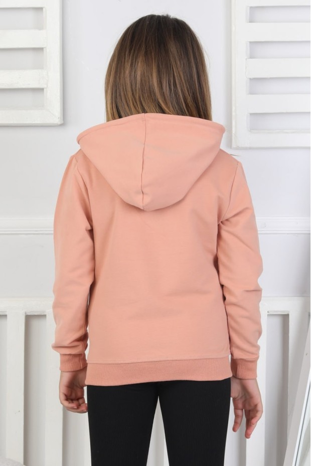 Kız Çocuk Fermuarlı Kapüşonlu Kanguru Cepli Düz Fırçalı İki İplik Sweatshirt