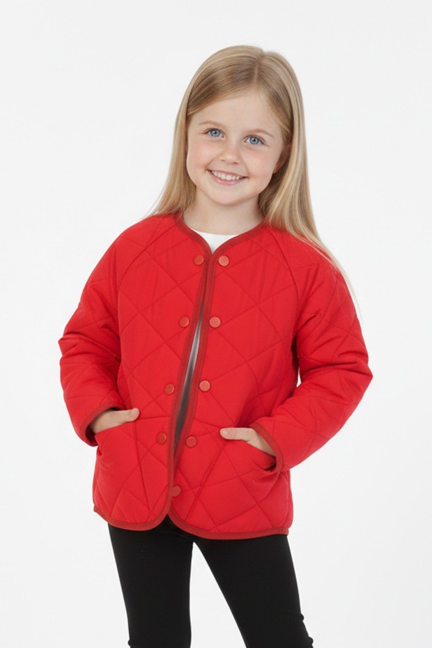 Kız Çocuk Kapüşonsuz Baklava Desenli Kapitone İnce Ceket