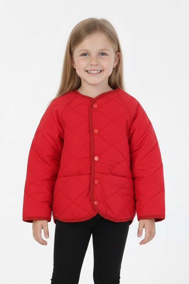 Kız Çocuk Kapüşonsuz Baklava Desenli Kapitone İnce Ceket