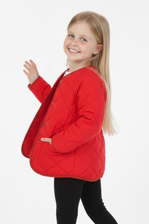 Kız Çocuk Kapüşonsuz Baklava Desenli Kapitone İnce Ceket