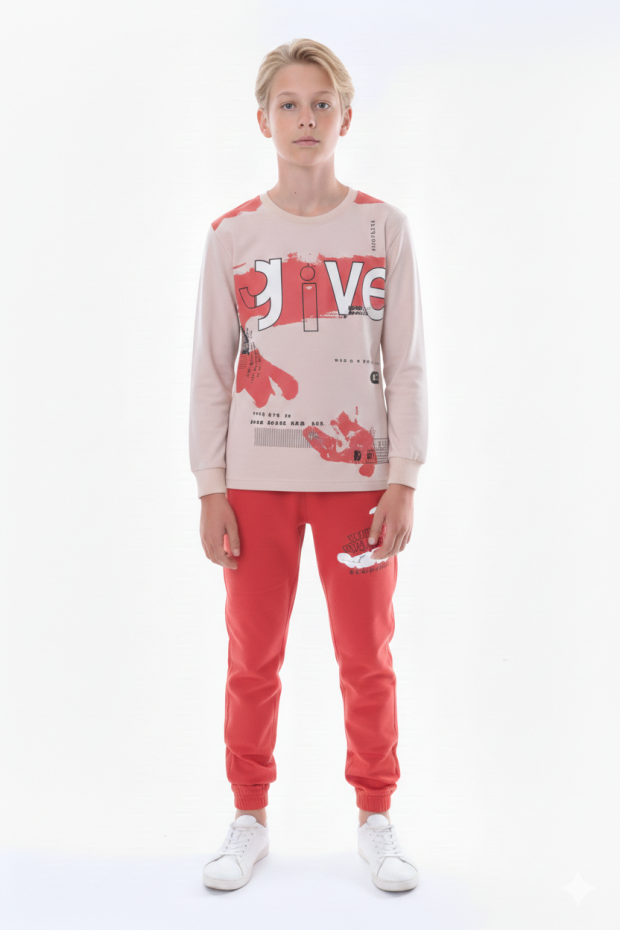 Erkek Çocuk Give Baskılı %100 Pamuk Süprem Kumaş Uzun Kollu Takım