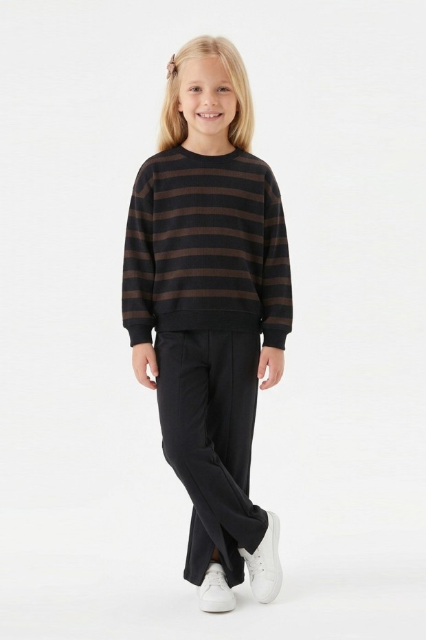 Kız Çocuk İki İplik Çizgili Sweatshirt ve İspanyol Paça Pantolon Takımı