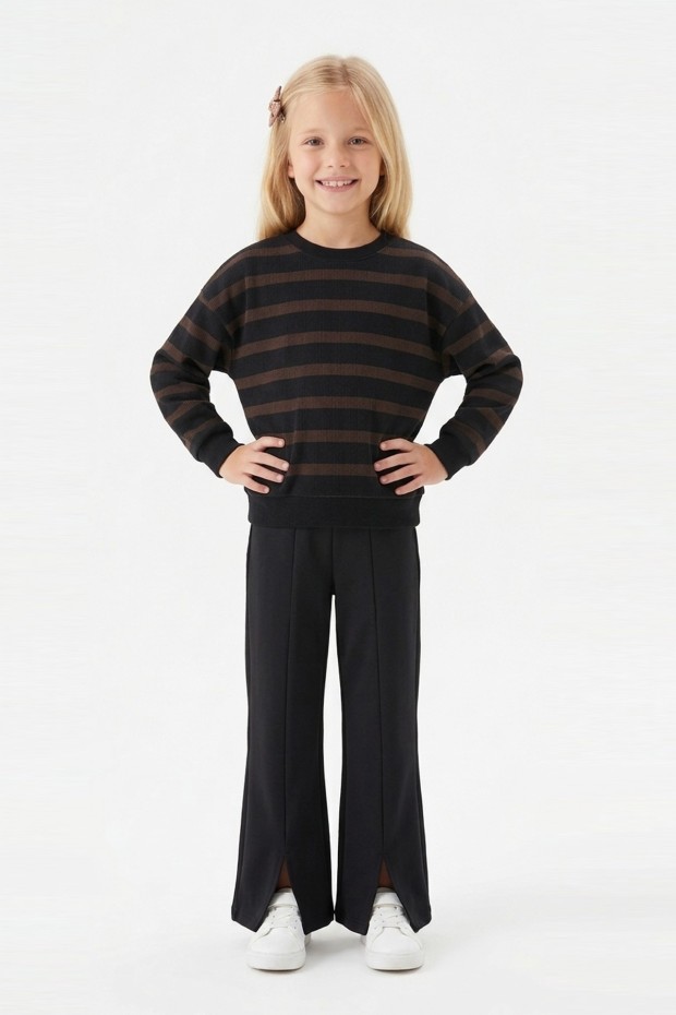 Kız Çocuk İki İplik Çizgili Sweatshirt ve İspanyol Paça Pantolon Takımı
