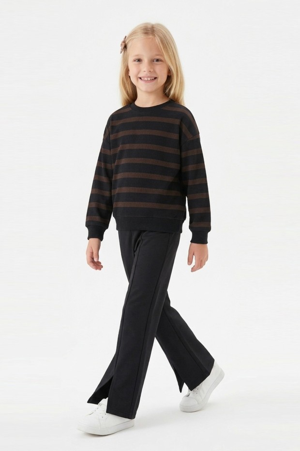 Kız Çocuk İki İplik Çizgili Sweatshirt ve İspanyol Paça Pantolon Takımı