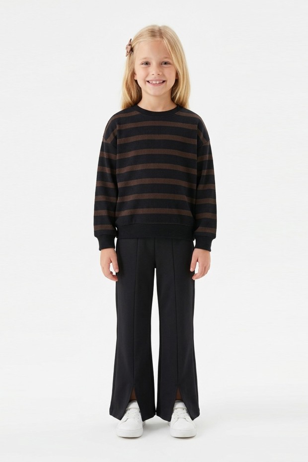 Kız Çocuk İki İplik Çizgili Sweatshirt ve İspanyol Paça Pantolon Takımı