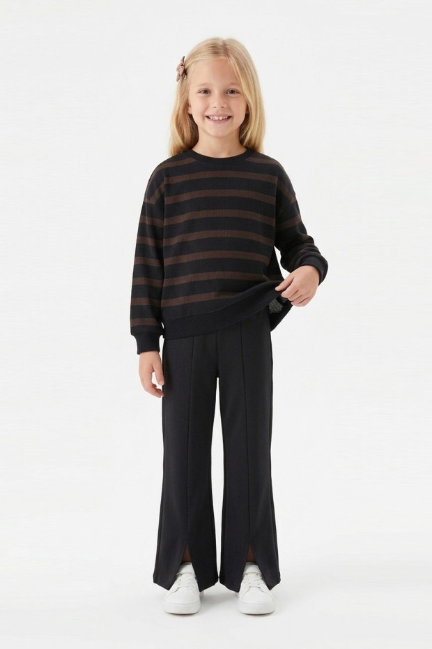 Kız Çocuk İki İplik Çizgili Sweatshirt ve İspanyol Paça Pantolon Takımı